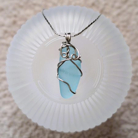 Cornish pale blue sea glass necklace in stainless steel wire