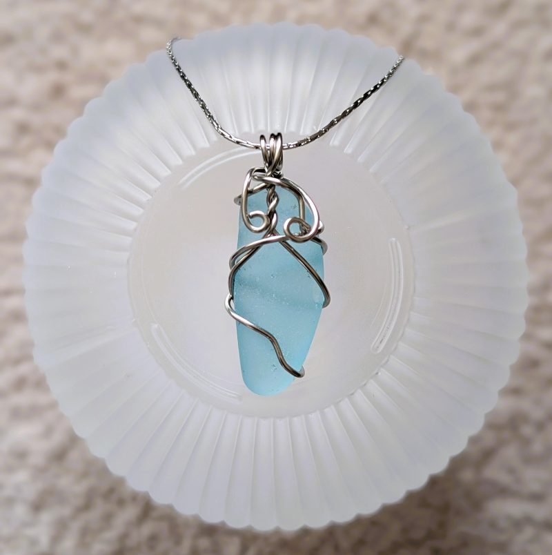 Cornish pale blue sea glass necklace in stainless steel wire