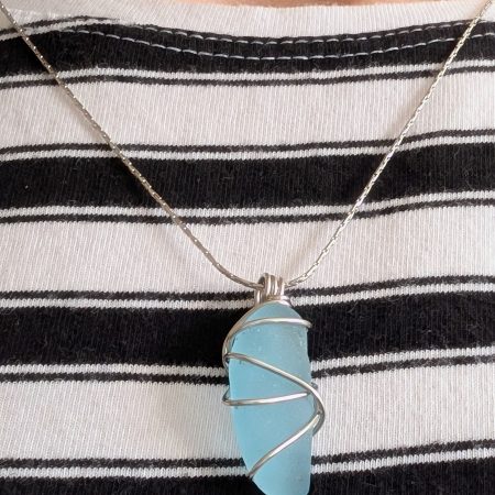 Cornish pale blue sea glass necklace in stainless steel wire