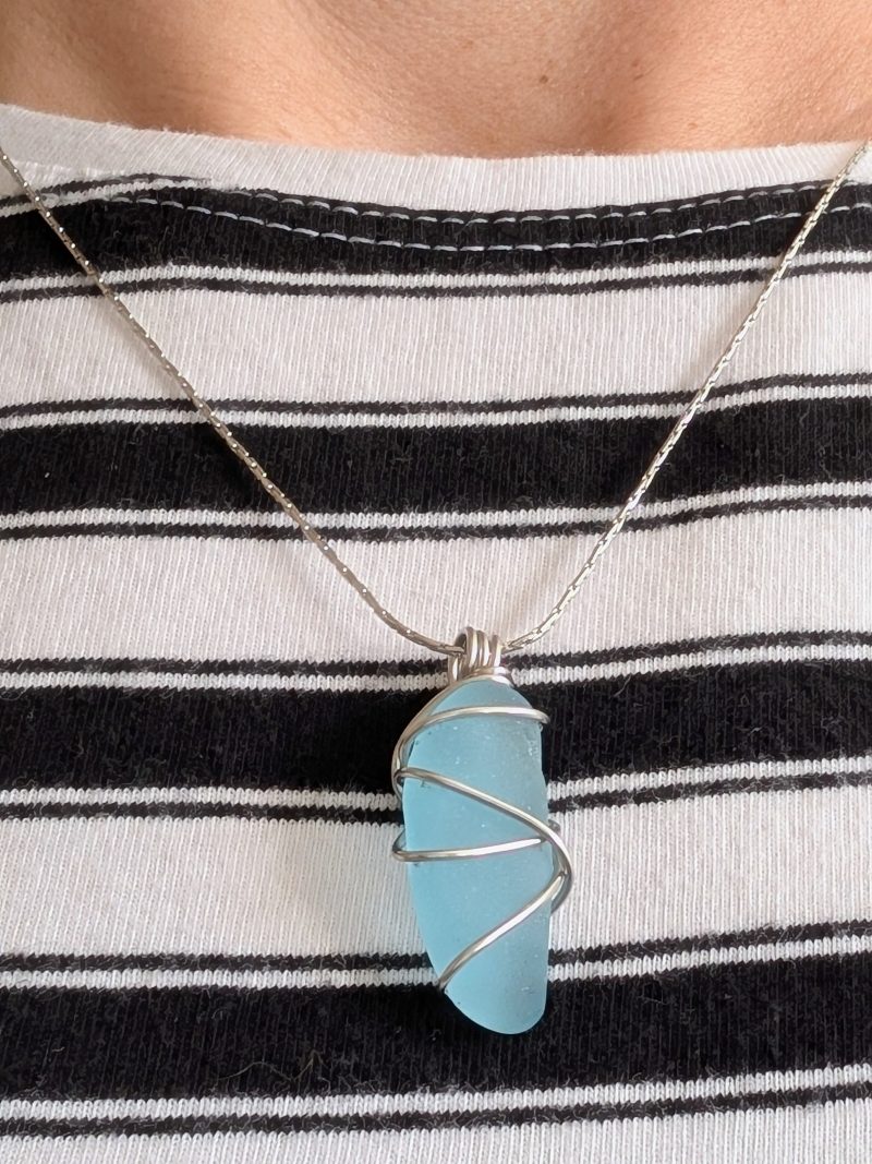 Cornish pale blue sea glass necklace in stainless steel wire