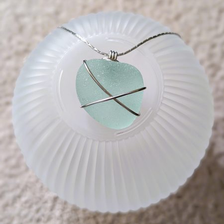 Cornish mint green sea glass necklace in stainless steel wire