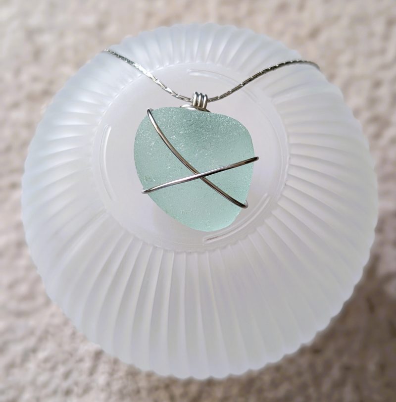 Cornish mint green sea glass necklace in stainless steel wire