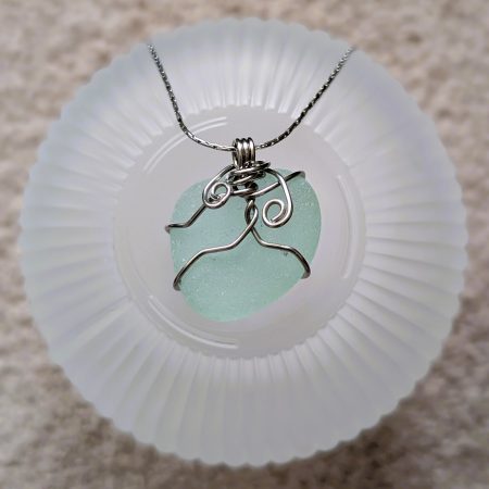 Cornish mint green sea glass necklace in stainless steel wire