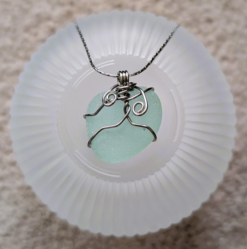 Cornish mint green sea glass necklace in stainless steel wire