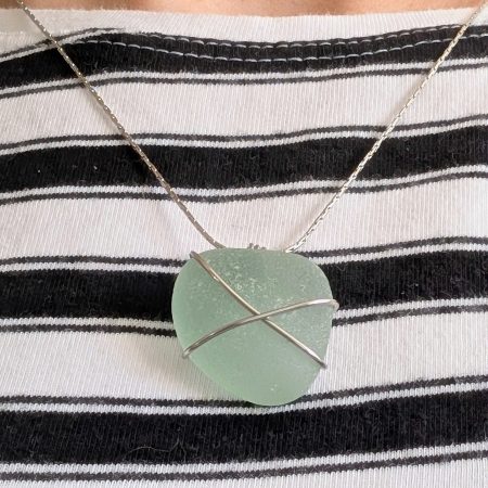 Cornish mint green sea glass necklace in stainless steel wire