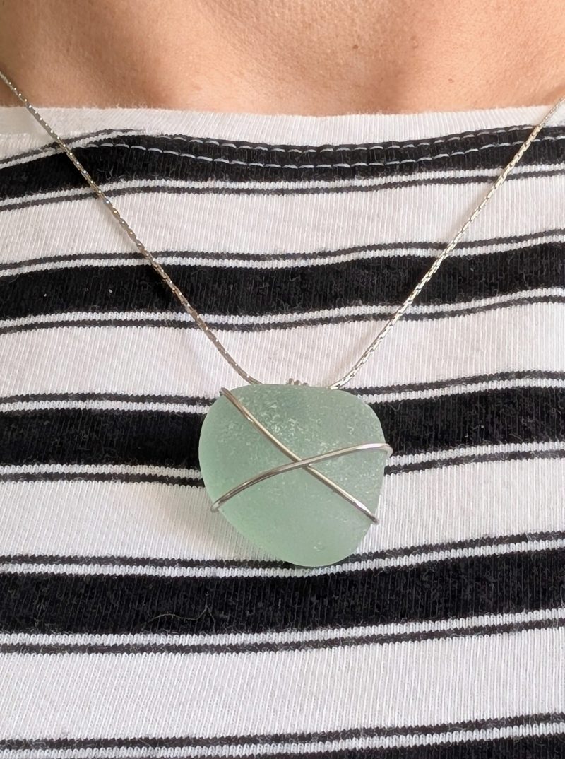 Cornish mint green sea glass necklace in stainless steel wire