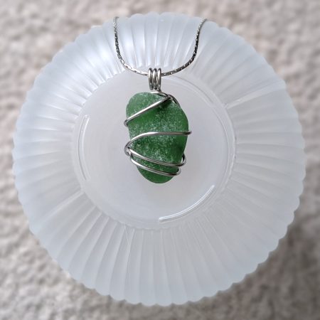 Cornish green sea glass necklace in stainless steel wire