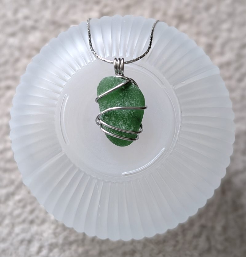 Cornish green sea glass necklace in stainless steel wire