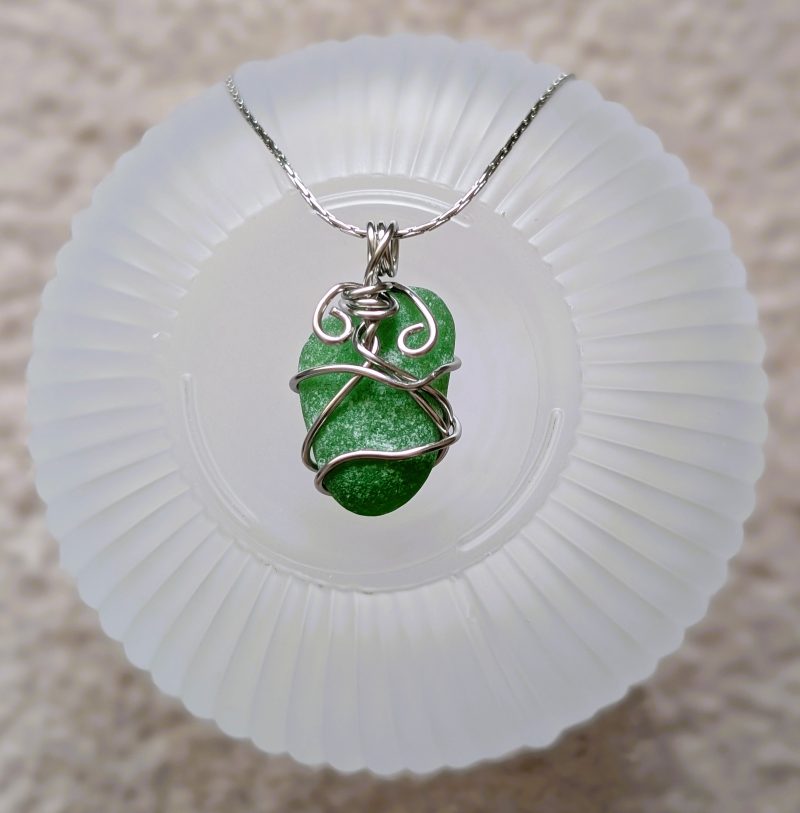 Cornish green sea glass necklace in stainless steel wire