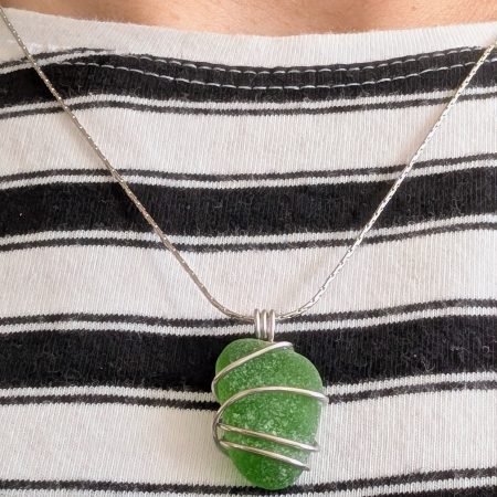 Cornish green sea glass necklace in stainless steel wire