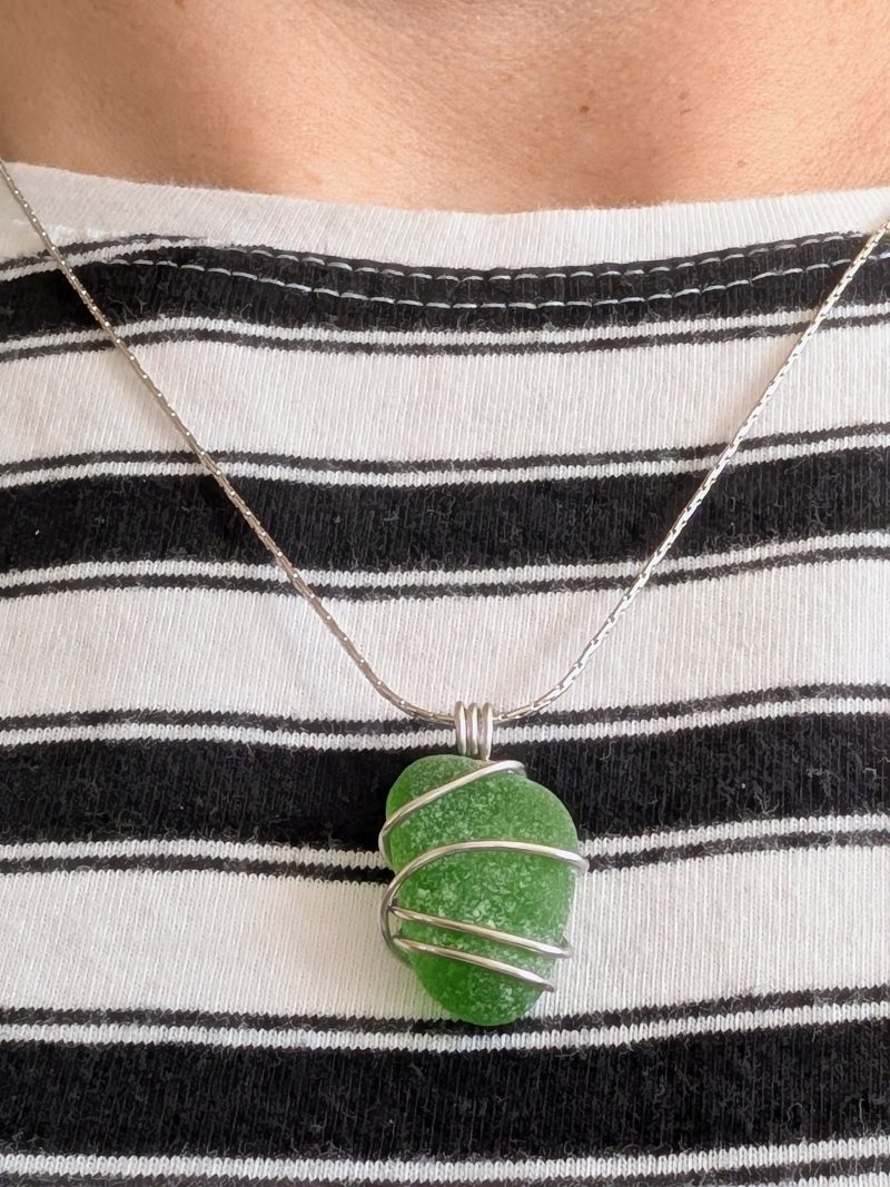 Cornish green sea glass necklace in stainless steel wire