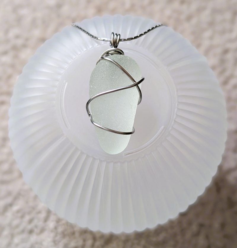 Cornish white frosted sea glass necklace in stainless steel wire