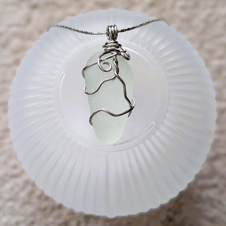 Cornish white frosted sea glass necklace in stainless steel wire