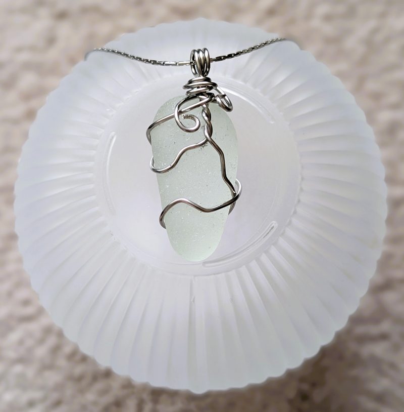 Cornish white frosted sea glass necklace in stainless steel wire