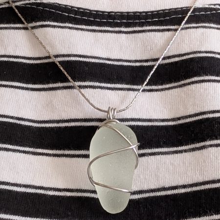 Cornish white frosted sea glass necklace in stainless steel wire