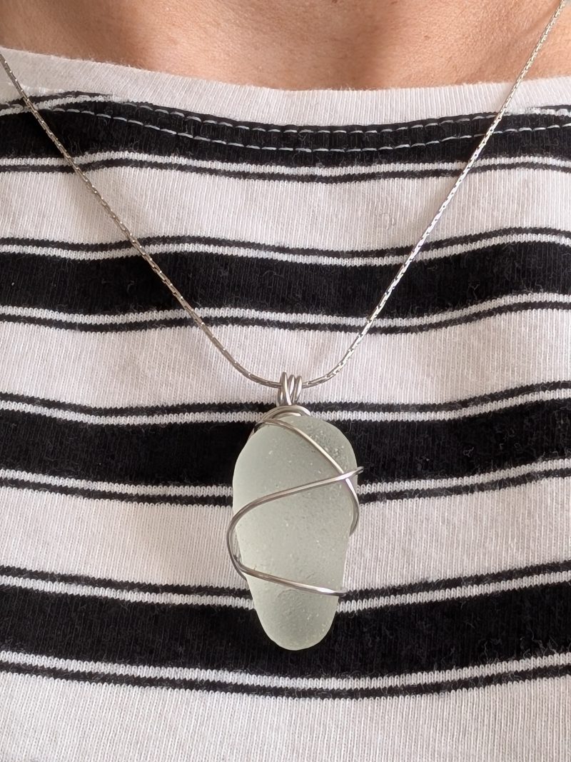 Cornish white frosted sea glass necklace in stainless steel wire
