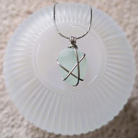 Cornish mint sea glass necklace in stainless steel wire
