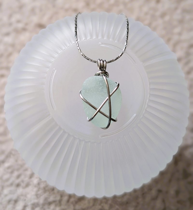 Cornish mint sea glass necklace in stainless steel wire