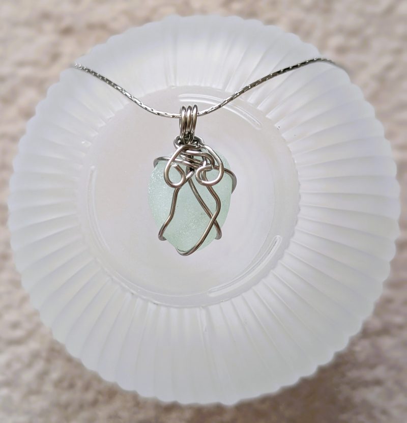 Cornish mint sea glass necklace in stainless steel wire