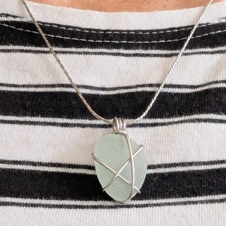Cornish mint sea glass necklace in stainless steel wire