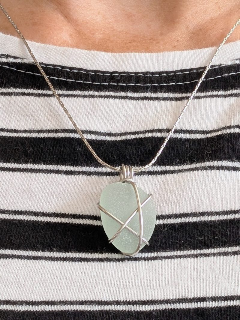 Cornish mint sea glass necklace in stainless steel wire