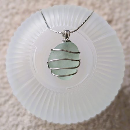 Cornish mint sea glass necklace in stainless steel wire