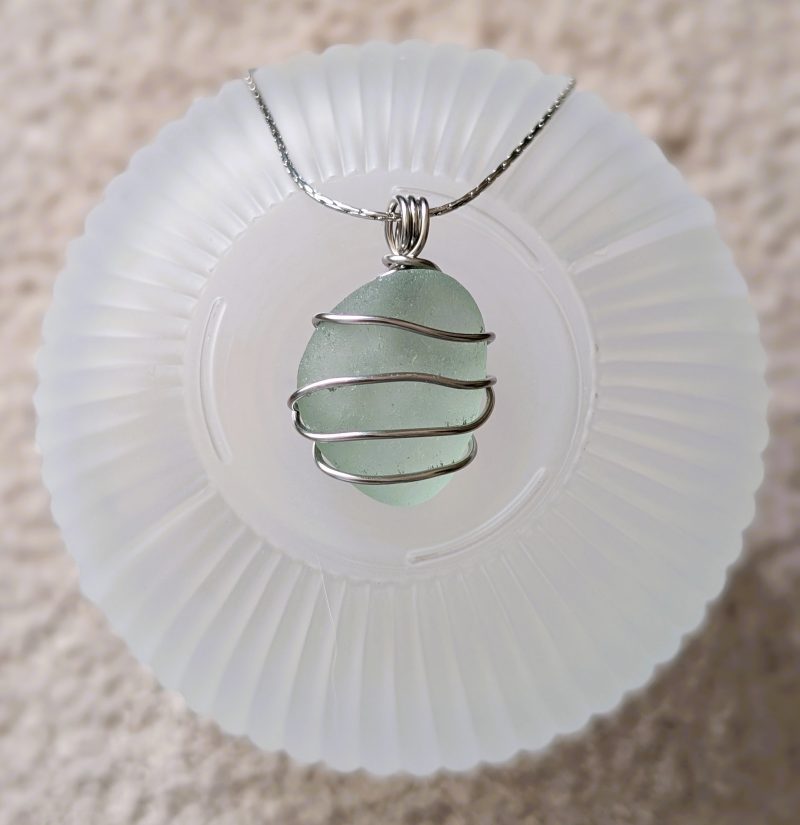 Cornish mint sea glass necklace in stainless steel wire