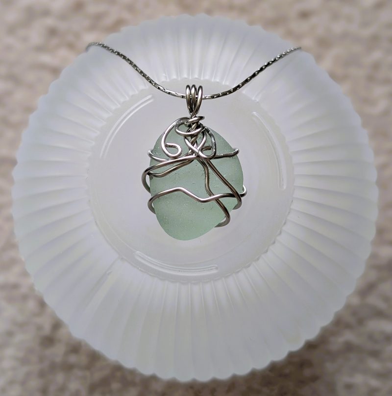 Cornish mint sea glass necklace in stainless steel wire