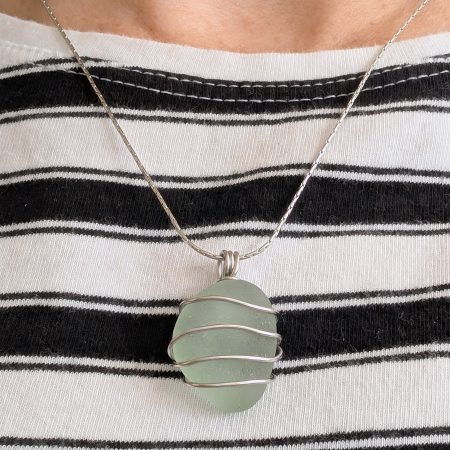 Cornish mint sea glass necklace in stainless steel wire