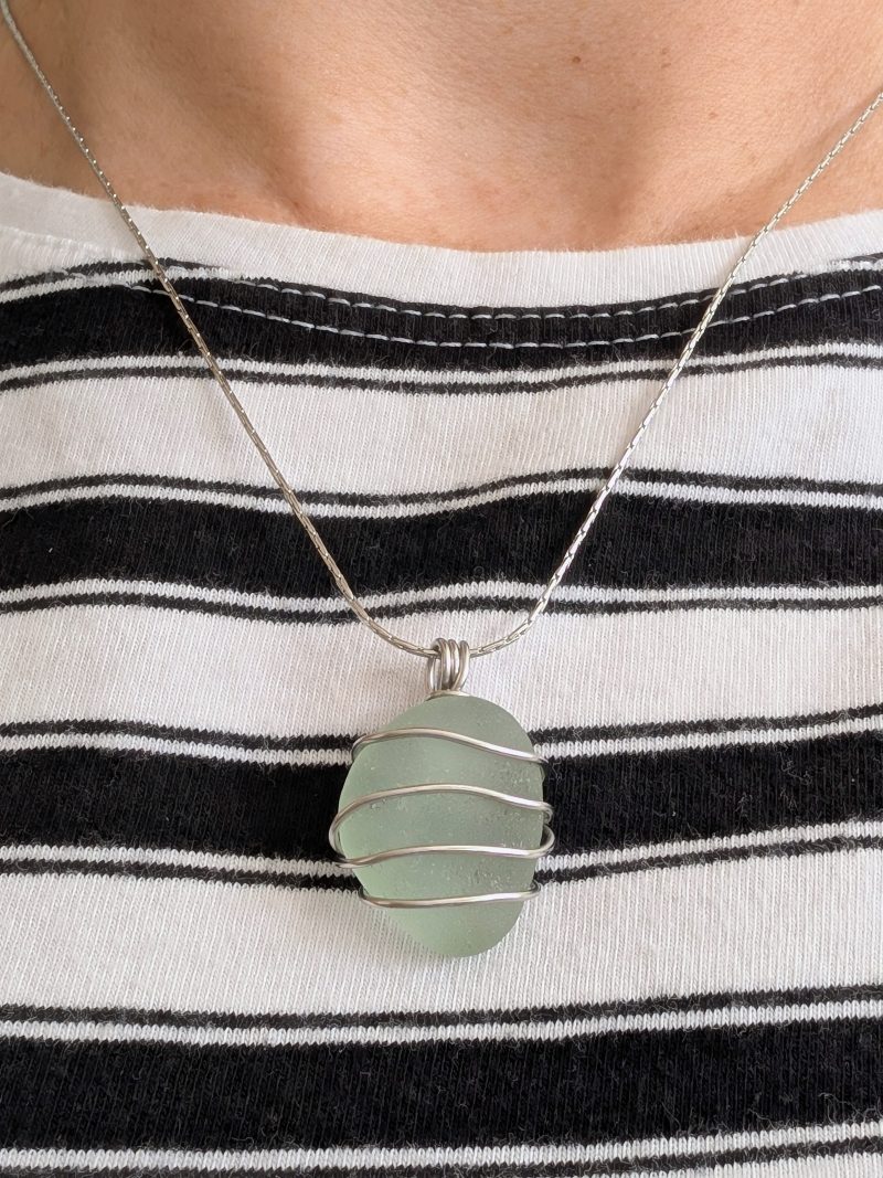 Cornish mint sea glass necklace in stainless steel wire