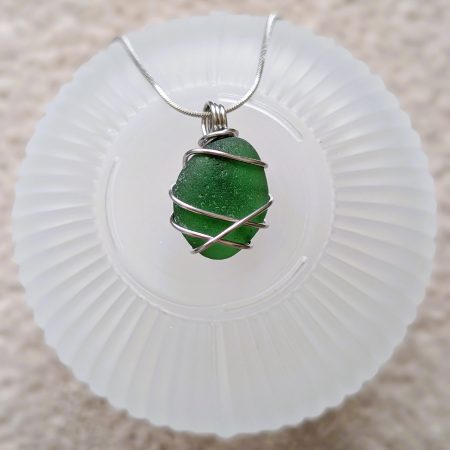 Cornish green sea glass necklace in stainless steel wire