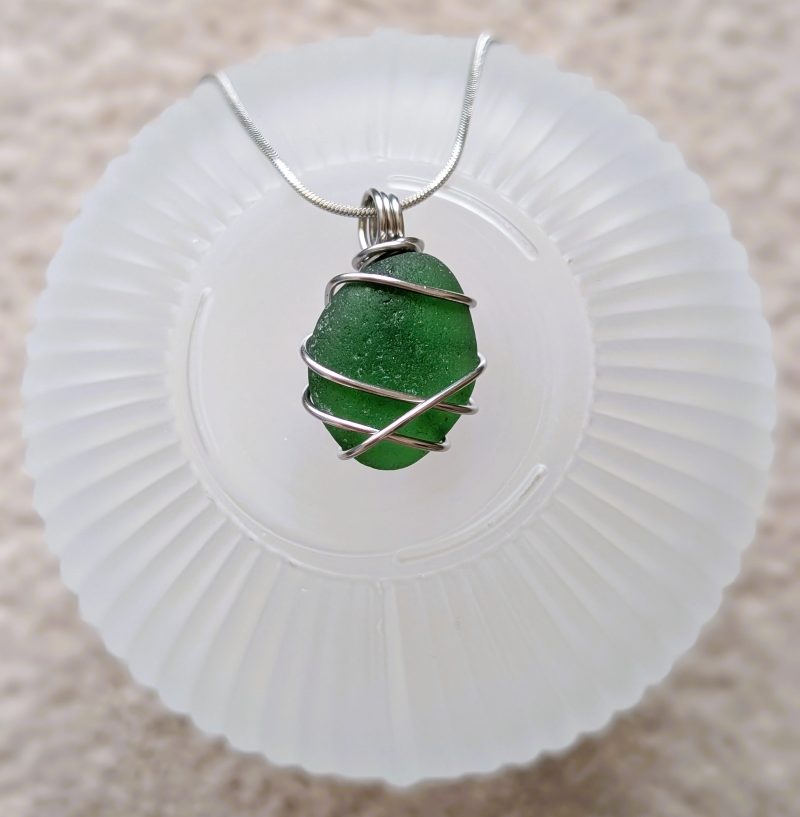 Cornish green sea glass necklace in stainless steel wire