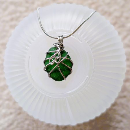 Cornish green sea glass necklace in stainless steel wire