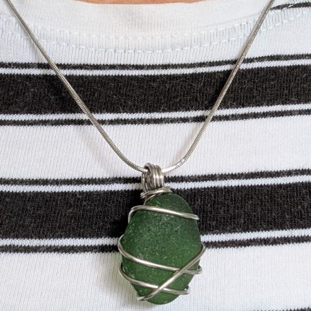 Cornish green sea glass necklace in stainless steel wire