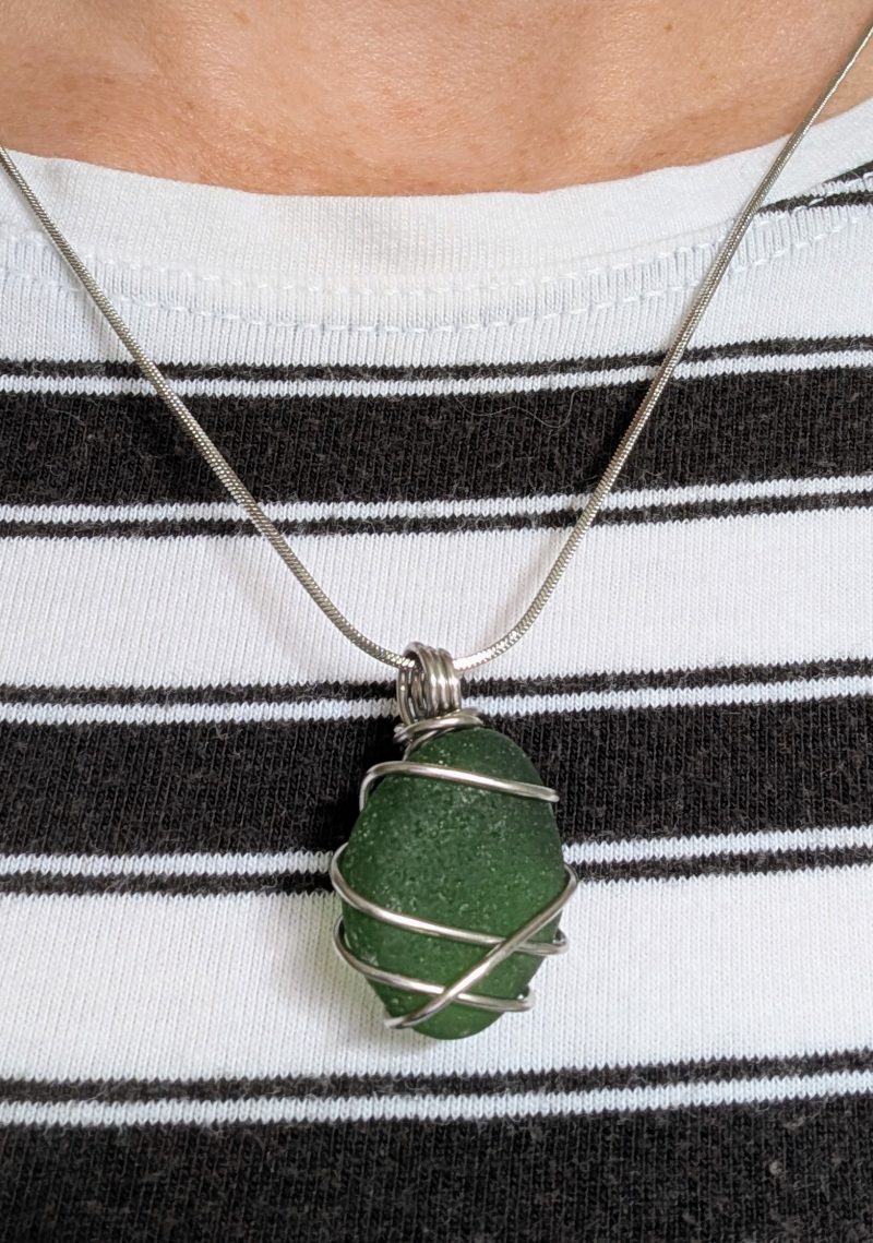 Cornish green sea glass necklace in stainless steel wire