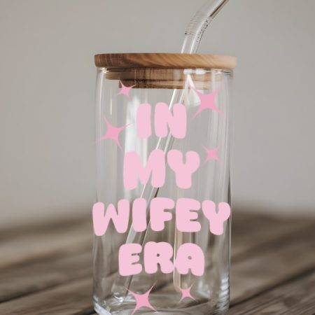 Wifey Era Glass Can Cup: 16oz Tumbler with Bamboo Lid & Glass Straw