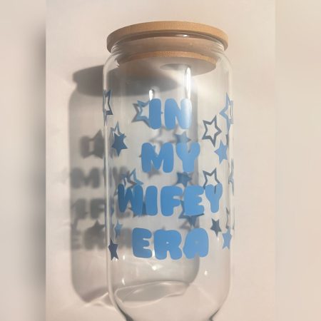 Wifey Era Glass Can Cup: 16oz Tumbler with Bamboo Lid & Glass Straw
