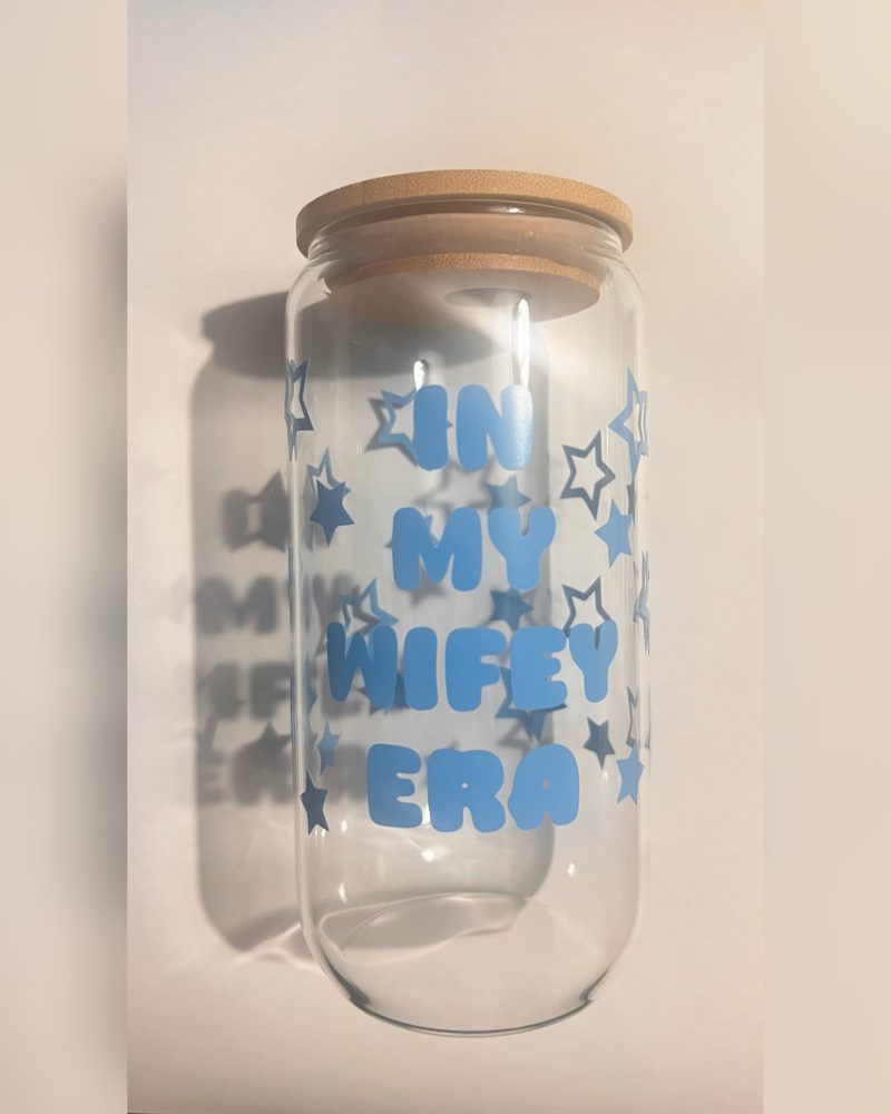 Wifey Era Glass Can Cup: 16oz Tumbler with Bamboo Lid & Glass Straw