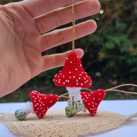 Whimsical Hanging Toadstool – Handmade Crochet Red Mushroom Decor with Beads & Embroidery
