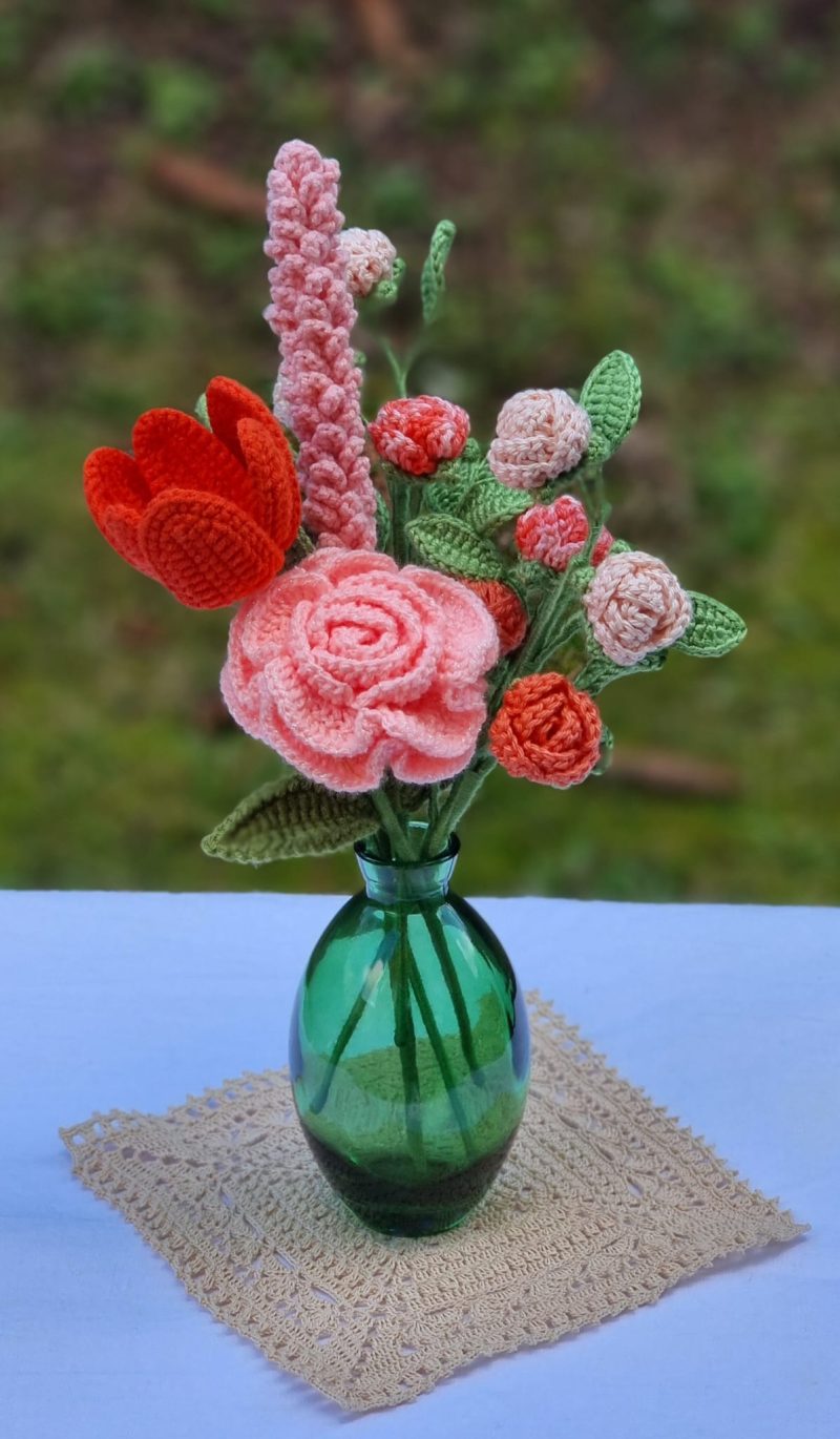 Handmade Crochet Flower Bouquet in Coral Blush & Orange