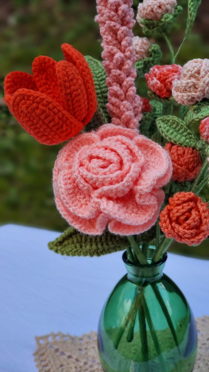 Handmade Crochet Flower Bouquet in Coral Blush & Orange