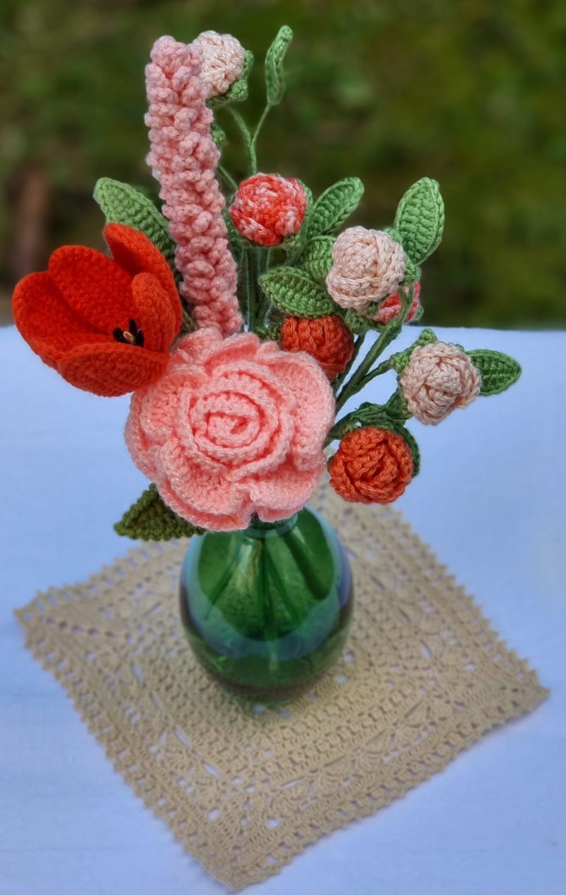 Handmade Crochet Flower Bouquet in Coral Blush & Orange