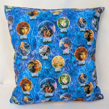 Reverse of Moon Goddess fantasy art 18" 45cm cotton cushion cover with small round vignettes of scenes from the front cover