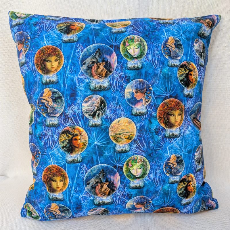 Reverse of Moon Goddess fantasy art 18" 45cm cotton cushion cover with small round vignettes of scenes from the front cover