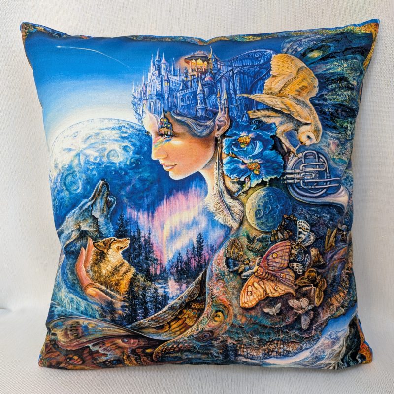 Winter Moon goddess fantasy art cushion cover with wolves, owl, northern lights and starry sky