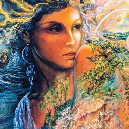 Close up of Elemental Earth goddess fantasy artwork on decorative 18" 45 cm cotton cushion cover showing clouds, waterfall, trees and birds.