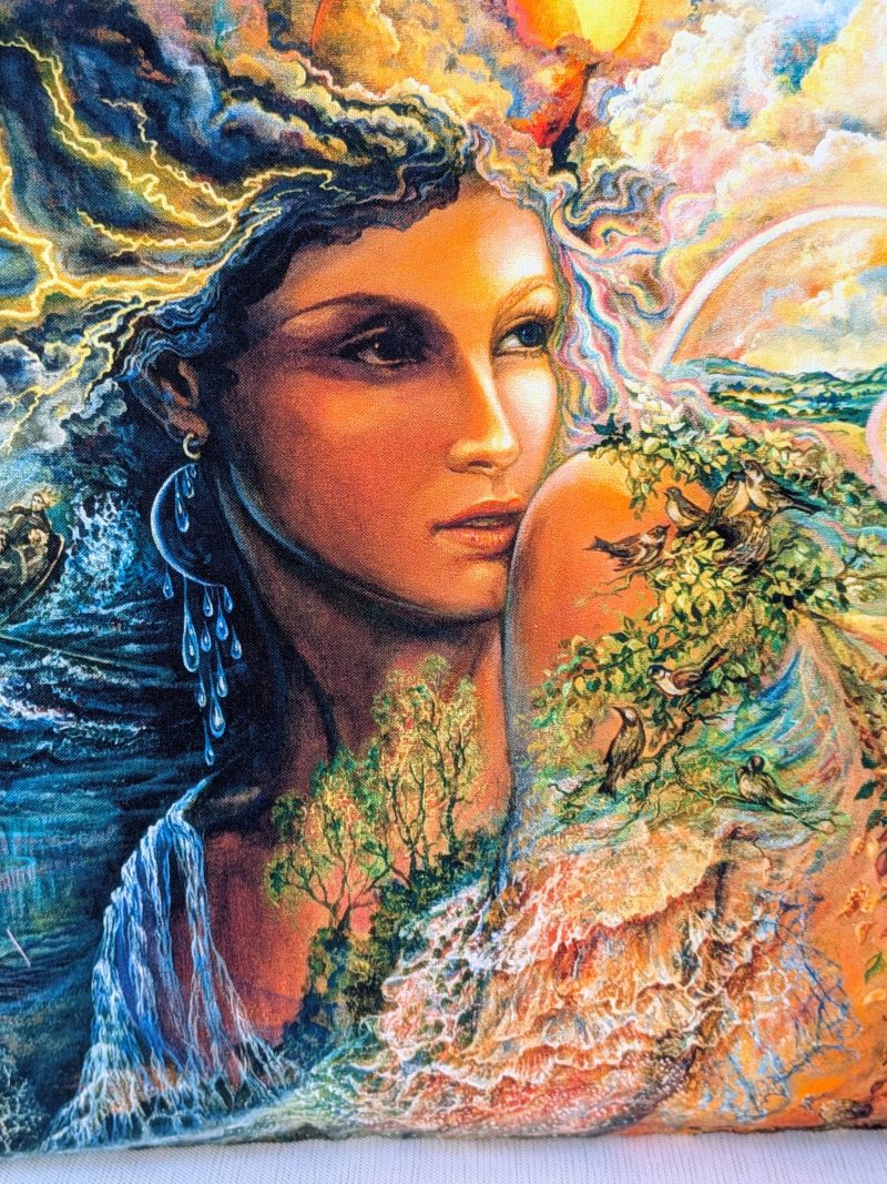 Close up of Elemental Earth goddess fantasy artwork on decorative 18" 45 cm cotton cushion cover showing clouds, waterfall, trees and birds.