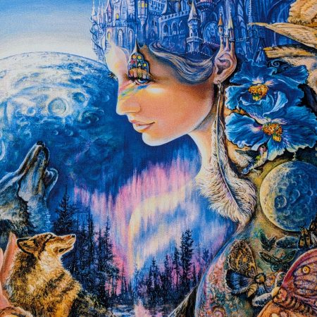 Winter moon fantasy art cushion cover with wolves, owl, northern lights and mystical night landscape