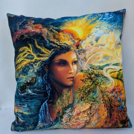 Fantasy Earth Goddess cushion cover featuring storm clouds, waterfall, trees and birds in vibrant nature artwork