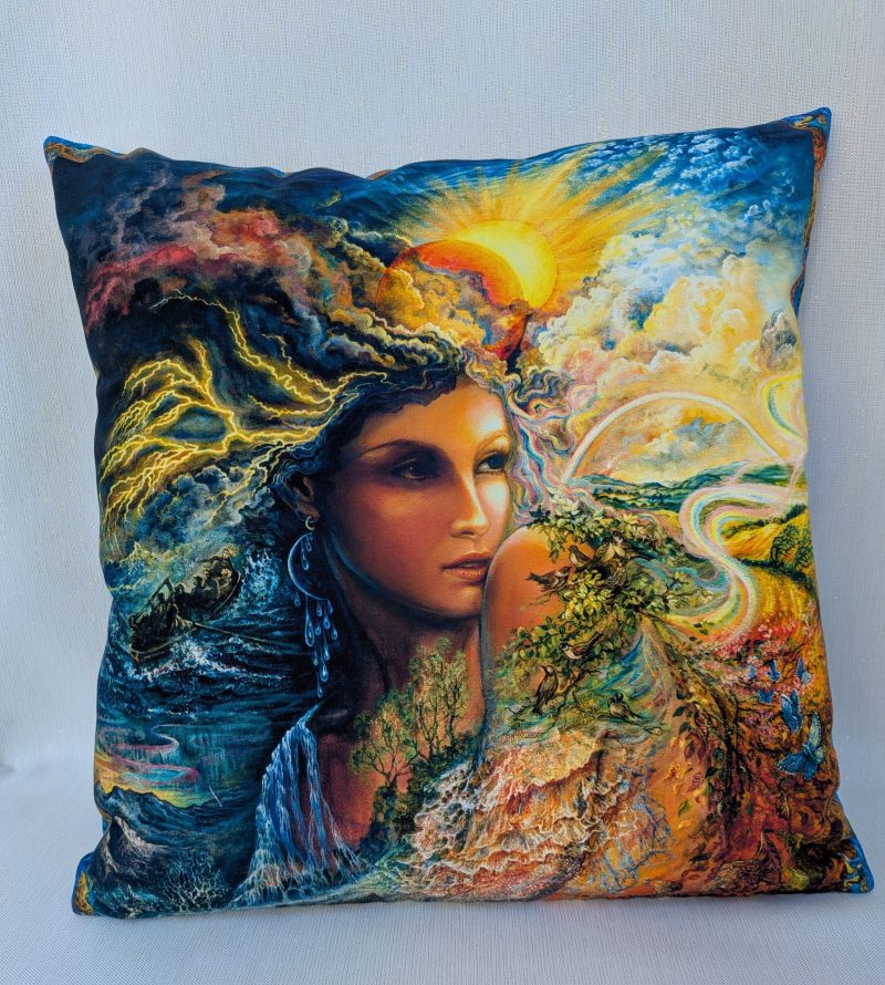 Fantasy Earth Goddess cushion cover featuring storm clouds, waterfall, trees and birds in vibrant nature artwork